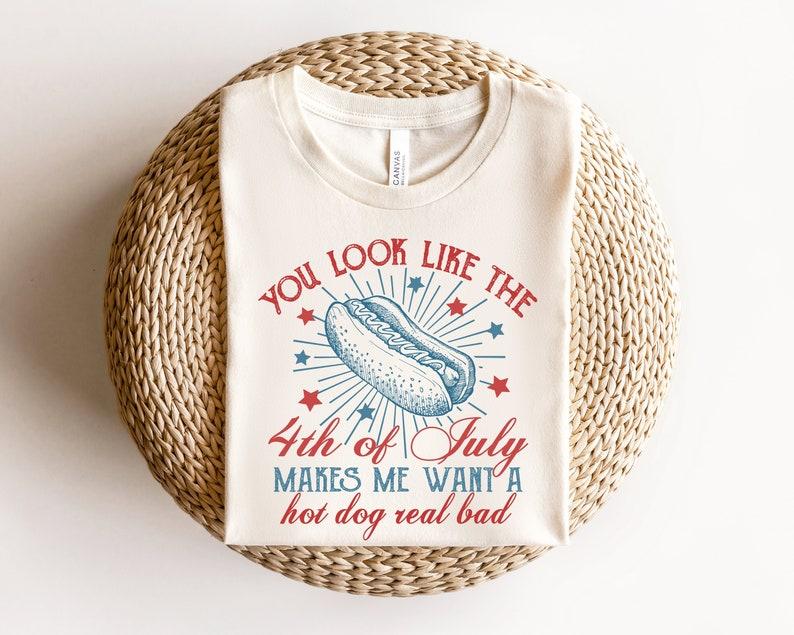 You Look Like The 4th Of July Hot Dog American Men Women Shirt Casual Collar Cotton Fabric Menswear Ribbed