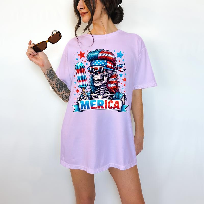 Merica' - T-Shirt, Funny Tee, Patriotic, Summer, Fourth of July,  Skeleton,Bright Graphic, Funny Apparel, Gift Idea, Relaxed Fit, Casual Apparel, Cute