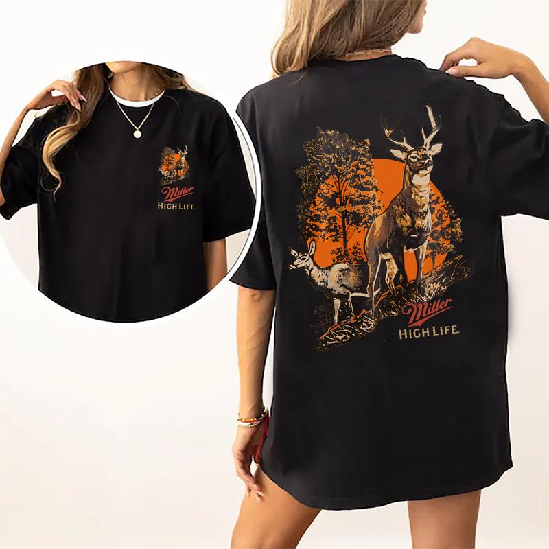 Vintage Miller High Life Deer Hunting 2-Sided Shirt, Men's Buck Hunting T-shirt, Unisex Hunter Tops, Beer Drinking Tshirt, Casual Cotton Womenswear