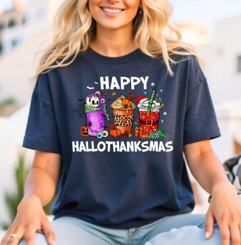 Happy HalloThanksMas Coffe Shirt - Sweatshirt - Hoodie, Funny Gnome Sweatshirt, Cute Drinking T-shirt, Women Christmas Shirt, Thanksgiving Tee, Hallow