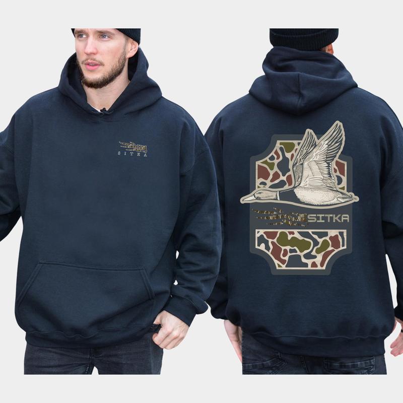 Classic SITKA Camo Mallard Hunting 2-Sided, Camouflage Printed Hoodie for Men, Duck Hunt Pullover, Unisex Hunter Tops, Classic Casual Menswear