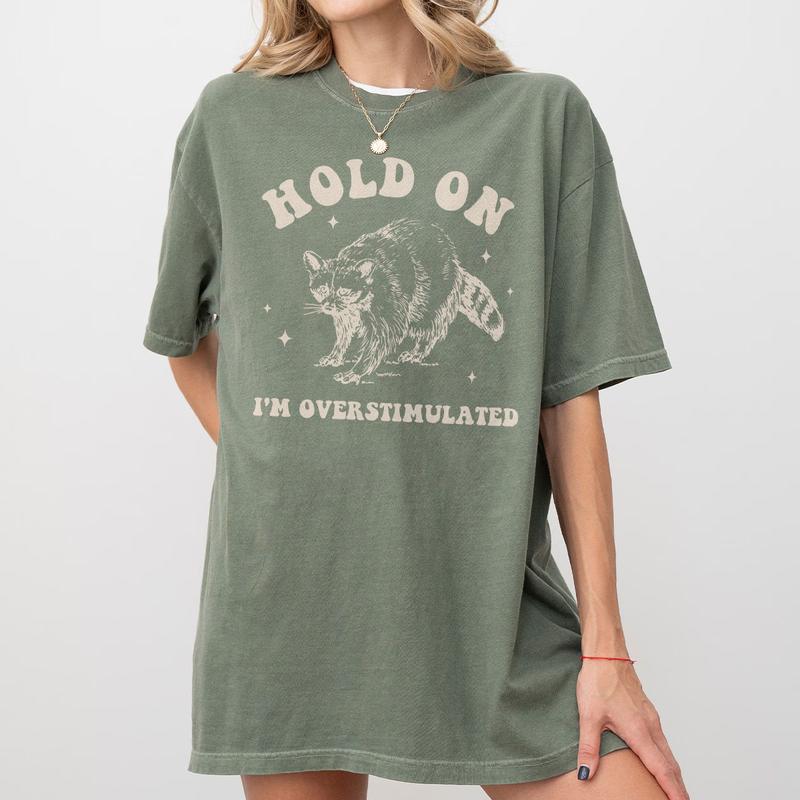 Hold On I'm Overstimulated T-Shirt, Retro Unisex Adult T Shirt, Funny Raccoon Comfort Shirt, Meme T Shirt, Relaxed Cotton Shirt, Funny Friends Gifts, Racoon Lover Tee, Support Street Cat Shirt, Women Top