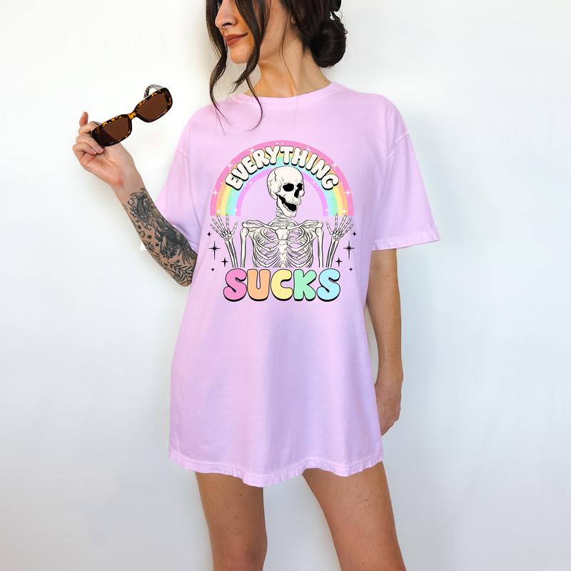 Everything Sucks - T-Shirt, Happy Skeleton, Bright Graphic, Funny Apparel