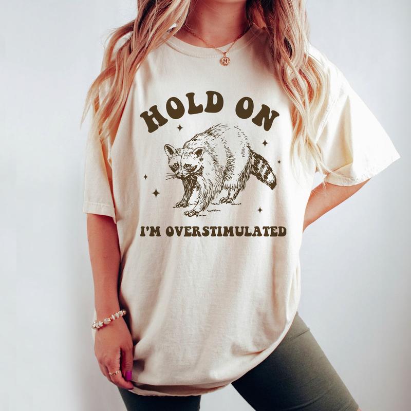 Hold On I'm Overstimulated T-Shirt, Retro Unisex Adult T Shirt, Funny Raccoon Comfort Shirt, Meme T Shirt, Relaxed Cotton Shirt, Funny Friends Gifts, Racoon Lover Tee, Support Street Cat Shirt, Women Top