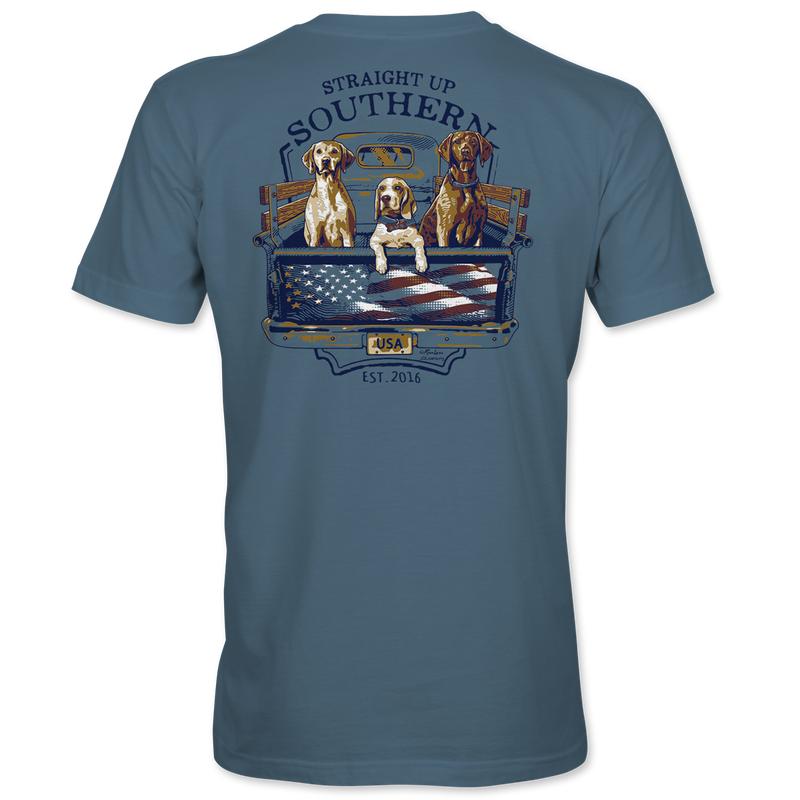 USA Truck Dogs - Southern Dogs and American Flag T-Shirt Pocket T-Shirt - Blue