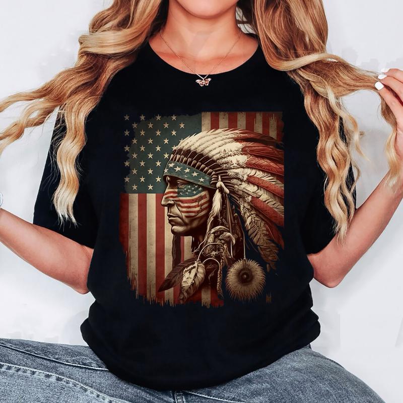Native American Indian Chief American USA Flag T-Shirt
