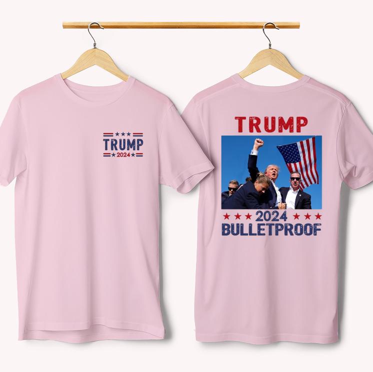 Trum 2024 Bulletproof Shirt, Praying for Presidet Trum Shirt, Bloodied Trum Fist Pumps, Trum Shooting Tee, Trum Assassination Tee Trum Shirts 2024, Double Sided Graphic Printed - Classic Cotton Short Sleeve Top for Men - Man Menswear Underwear Tshirt