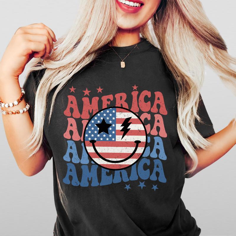 Retro Smiling America Shirt, Patriotic Shirt, 4th Of July Checkered Shirt, America Shirt, Independence Day T Shirt, USA Flag Shirt, Funny 4th of July Gift T-shirt, American Tee, Independence Day Parade Outfits, 4th Of July Women Top