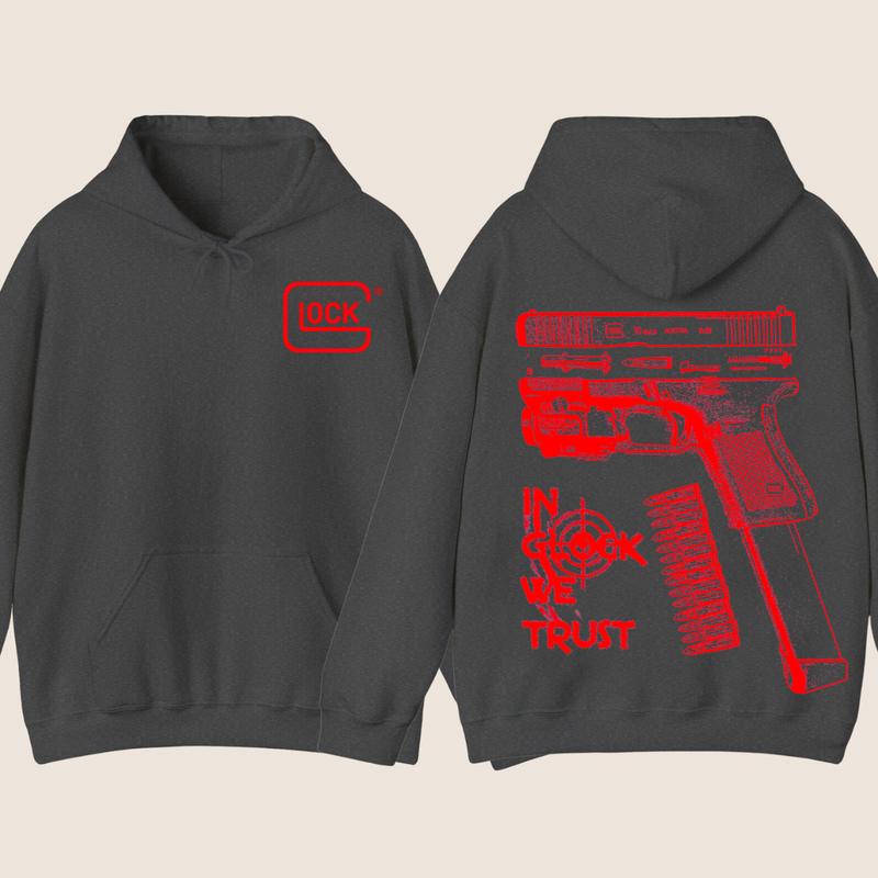 Classic IN GLOCK WE TRUST Double Side Hoodie - Full Color Red Design, Unisex Sweatshirt with Long Sleeve, Glock Shirt