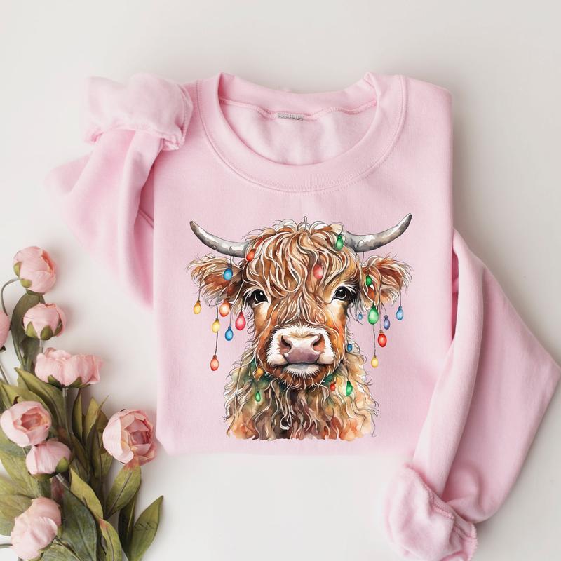 Christmas Cow Sweatshirt, Cow Lights Sweater, Cow Women Tshirt, Unisex Crewneck Sweatshirt & Shirt