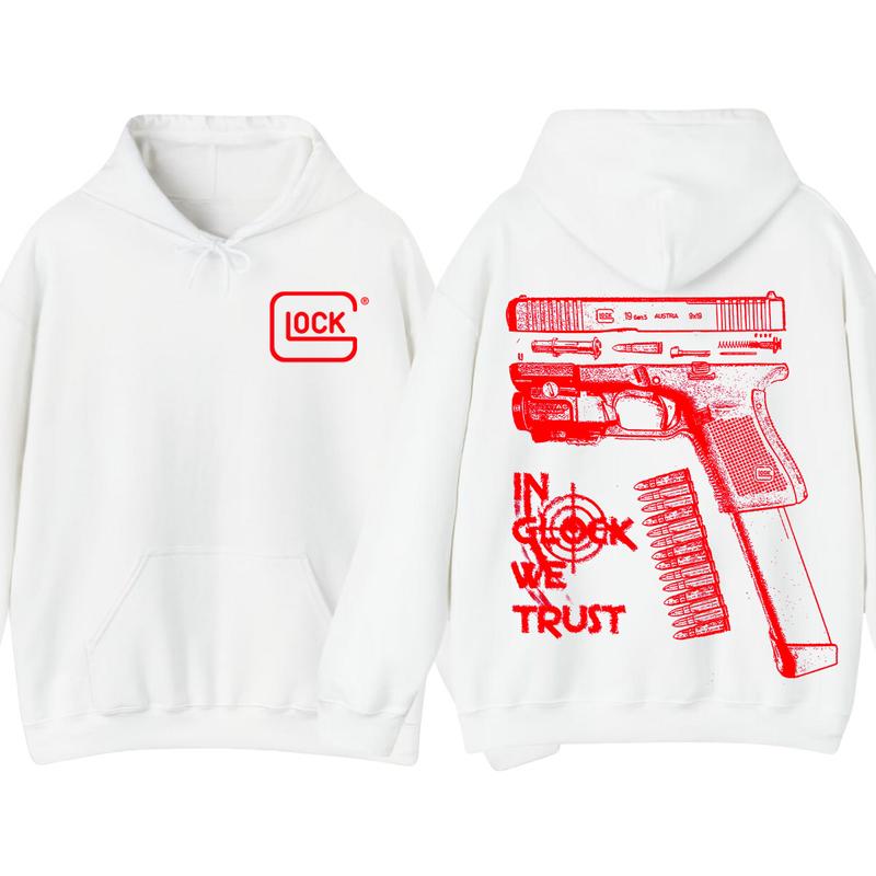 Classic IN GLOCK WE TRUST Double Side Hoodie - Full Color Red Design, Unisex Sweatshirt with Long Sleeve, Glock Shirt