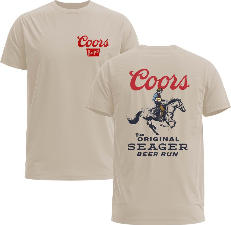 Seager X Coors Beer Run Tee, Western 90s Cowboy, Coors Wildwest Retro Rodeo Outfit - Gildan 5000 Graphic Shirt, Heavy Cotton, Menswear Man