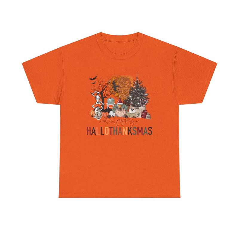 Happy Hallothanksmas Unisex Heavy Cotton Tee - Halloween - Thanksgiving - Christmas - Holiday Shirt - Pumpkin - Ghost - Christmas Tree - Snow - Turkey - Funny Shirt - Gift for Men and Women
