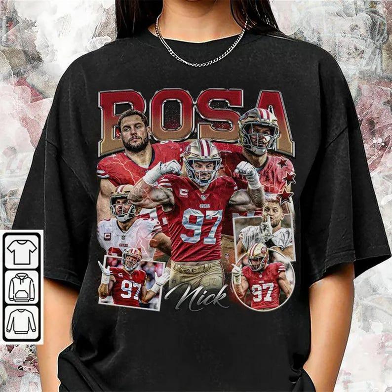Nick Bosa Shirt, Football American Vintage Tee, Football 90s Bootleg Graphic T-Shirt Cotton Fabric