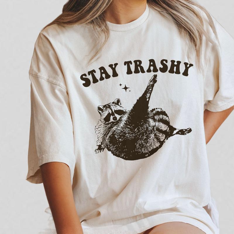 Stay Trashy Raccoon Graphic T-Shirt, Retro Unisex Adult T Shirt, Vintage Raccoon T-Shirt, Nostalgia Shirt, Relaxed Cotton Tees, Raccoon Lover Tee, Street Cats Shirt, Funny Comfort Women Top