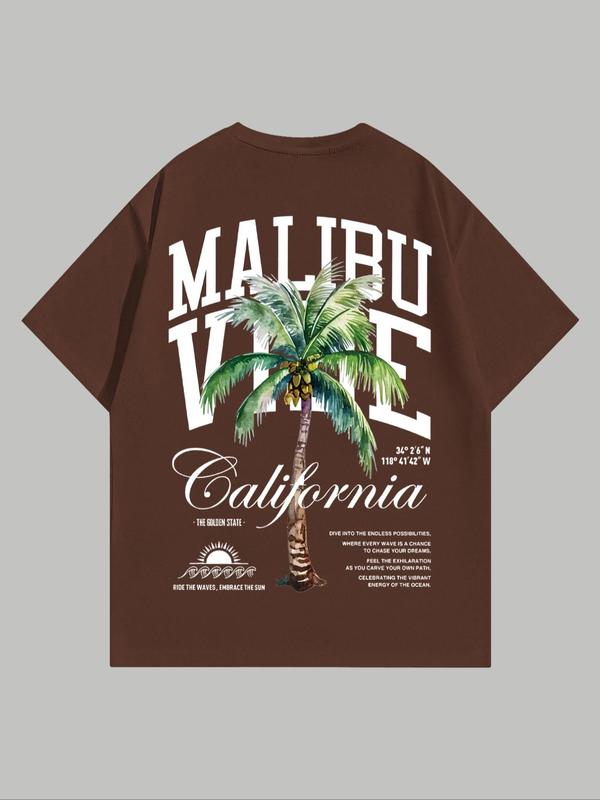 MMen's Coconut Tree & Letter Print Short Sleeve Tee, Regular FitÂ Casual Streetwear Graphic Round Neck T-Shirt, Graphic Tees,Â Men's Summer Graphic Tees Outfits