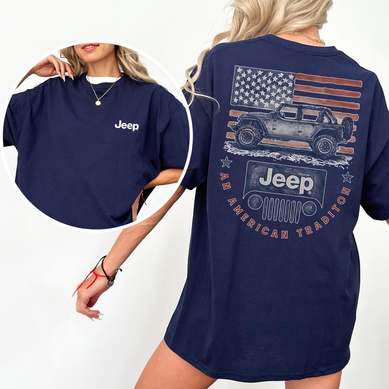 Vintage Jeep American Tradition 2-Sided Shirt for Women and Men, Patriotic USA Flag Tshirt, Car Enthusiast Tops, Cotton Fabric Tee, Casual Womenswear