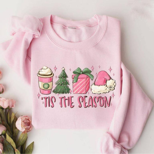 Cute Pink Christmas Sweatshirt, Tis the Season Pink Christmas Sweatshirt, Thanksgiving 2024, Shirt Christmas Coffee, Women's Pink Christmas Crewneck Shirt, Xmas Holiday Shirt, Gifts for Him, Gift for Her, Full Sizes, Full Colors