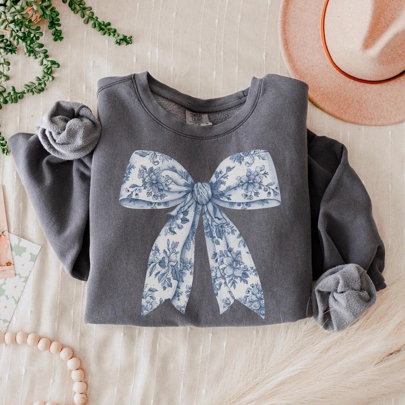 Toile De Jouy Coquette Bow Sweatshirt, Blue Ribbon Sweater Girly Aesthetic, Unisex Shirt, Full Size, Full Color, Sweatshirt For Everyone
