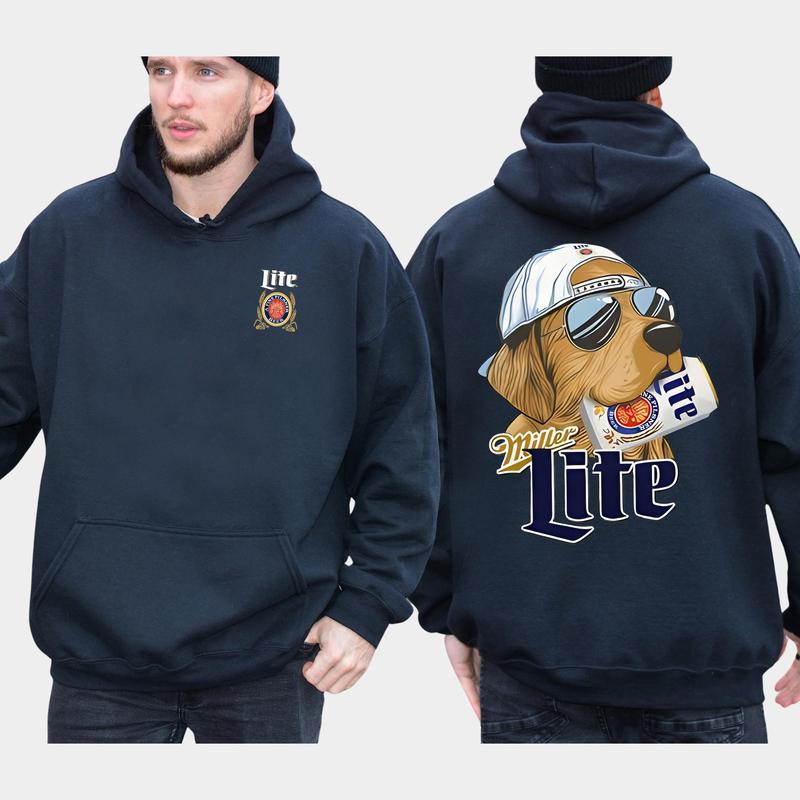 Vintage Miller Lite Hunting Dog 2-Sided Hoodie, Funny Men's Best Friend Dog Hoodies, Beer Drinking Sweaters, Unisex Drink Tops, Cotton Casual Menswear