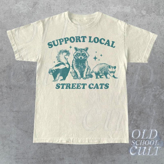 Support Your Local Street Cats Graphic T-Shirt, Retro Unisex Adult T Shirt, Vintage Raccoon T Shirt, Nostalgia T Shirt, Relaxed Cotton Tees