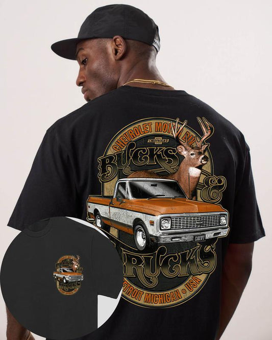 2 Sides Chevy Bucks and Trucks T-Shirt - Classic Cotton Crewneck Graphic Tee