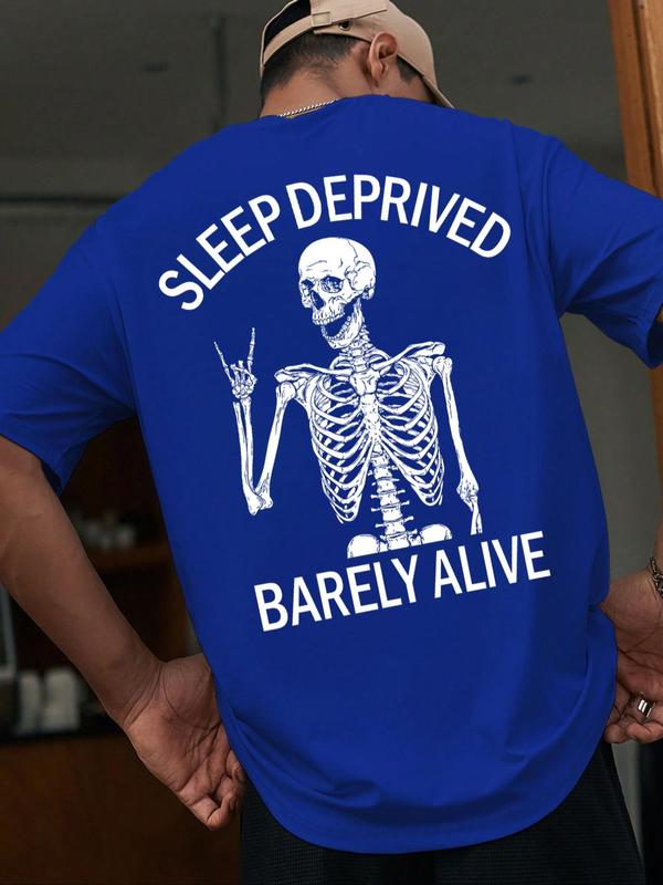 Men's Regular Fit Letter & Skeleton Print Drop Shoulder Tee, Back To School Outfits,Â Street Fashion Casual StreetwearÂ Round Neck Short Sleeve T-Shirt For Daily Wear, Menswear, Graphic Tees,Â Summer Outfits 2024