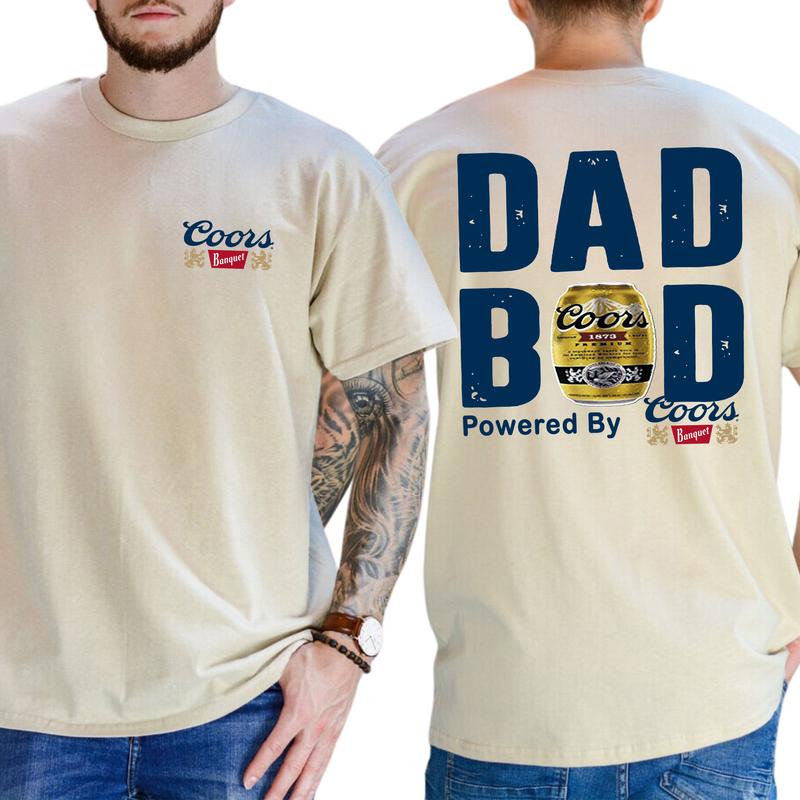Dad Bod Powered By Coors Banquet Original Tshirt 2 Sided, Beer Drink Shirt for Men, Funny Drinking Tee for Daddy, Casual Cotton Top, Classic Menswear