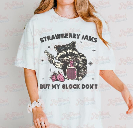 Vintage Strawberry Jams But My Glock Don't Shirt - Funny Racoon Western Trash Panda Retro 90s Graphic Tee with Unisex Appeal