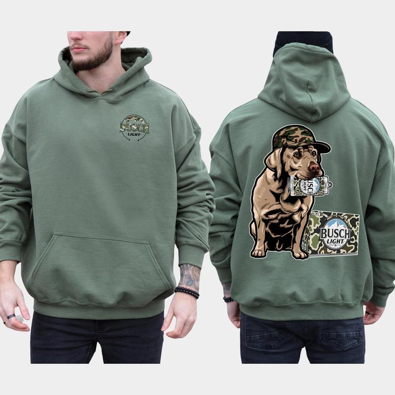 Camo Busch Light Labrador Hunting Dog 2-Sided Hoodie, Men's Camouflage Dog Hoodies, Beer Drinking Pullover, Unisex Drink Tops, Classic Casual Menswear
