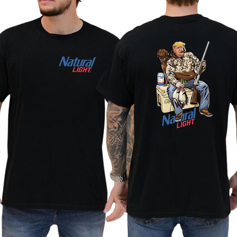 Camo Hunter Trummp With Natural Light Beer Shirt 2-Sided, Funny Men's Hunting T-shirt, Beer Drinking Tee, Unisex Hunt Tops, Classic Casual Menswear