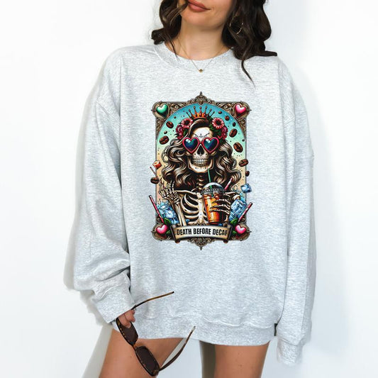 Death Before Decaf Unisex Crewneck Sweatshirt - Print is Sublimation, Christmas Crewneck, Gift Idea, Relaxed Fit, Casual Apparel