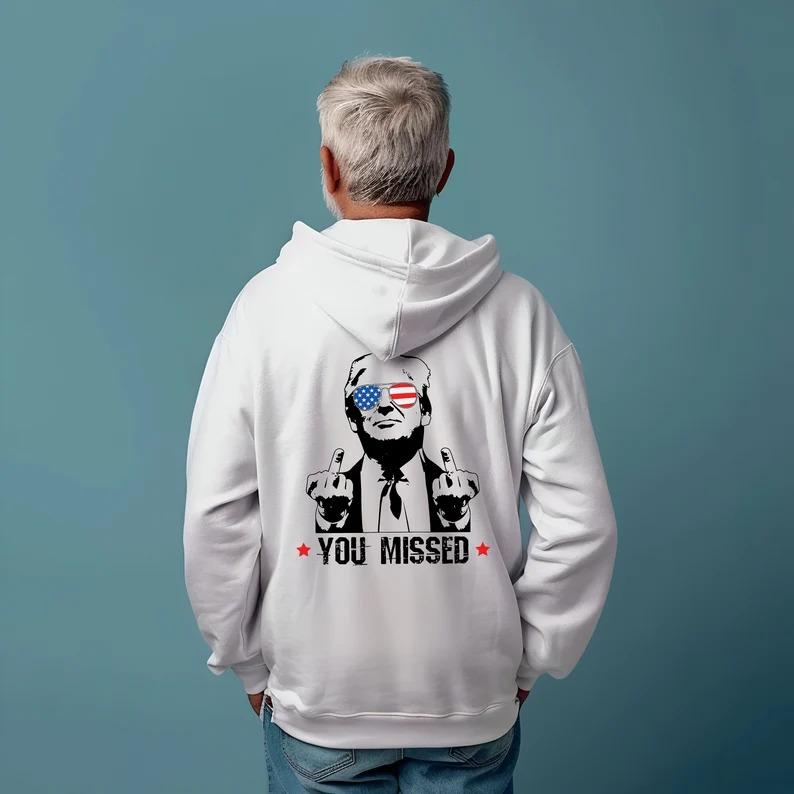 Western Trump Cowboy You Missed Flag Back Hoodie - 2 Side - Trendy Styles Available - Extensive Size Options - Multiple Colorways - Iconic Styles - Cross-gender Fashion