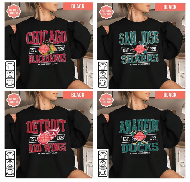 Vintage Hockey Crewneck, Gildan Black All Hockey Teams Sweatshirt, Gift for Hockey Fan, Gameday