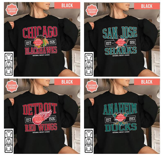 Vintage Hockey Crewneck, Gildan Black All Hockey Teams Sweatshirt, Gift for Hockey Fan, Gameday