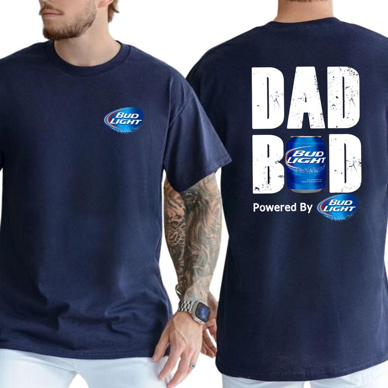 Bud Light Dad Bod Powered By Bud Light 2-Sided T-shirt for Men, Men's Beer Drinking Tees, Funny Drink Top for Daddy, Soft Cotton Classic Menswear