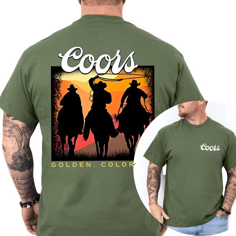 Men's Vintage Sunset Coors Cowboy Shirt 2-Sided, Wild West Cowboy Unisex Graphic Tshirt, Gift For Men, Soft Fabric Casual Menswear, Classic Cotton Top