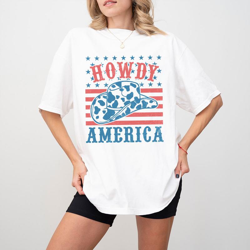 Howdy America Shirt, 4th Of July T-Shirt, Cowboy Style Patriotic Tee, Independence Day Celebration, USA Flag Design, Retro American Pride Shirt, Women's Casual Wear, Comfortable Summer Top, Western July 4th Outfit