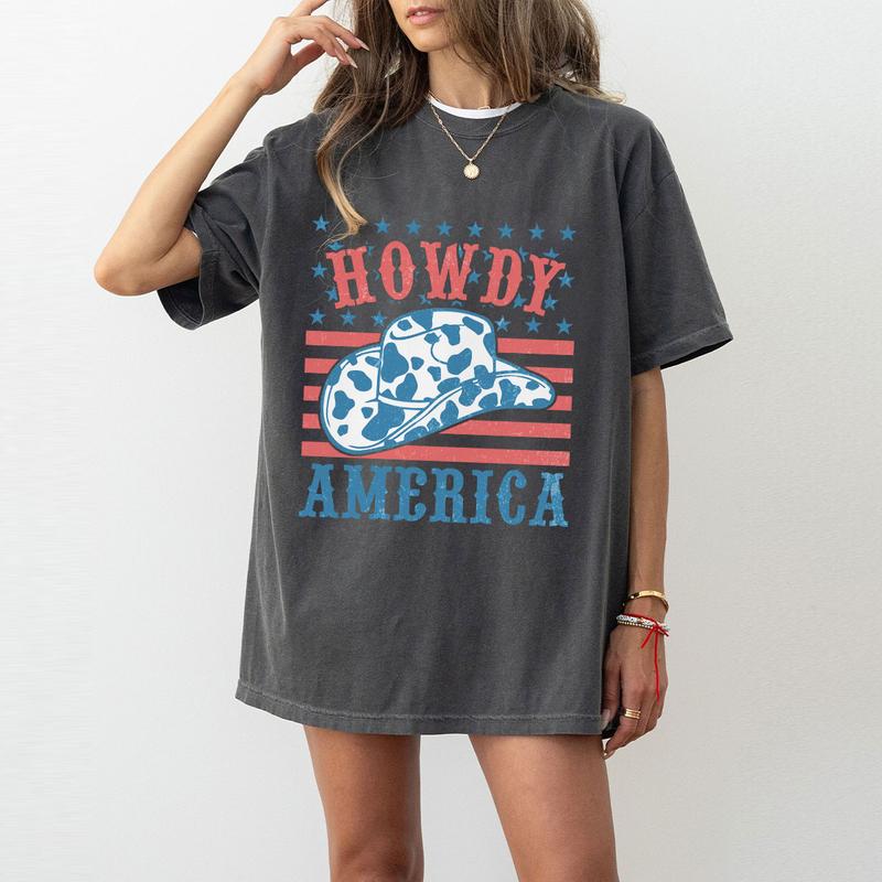 Howdy America Shirt, 4th Of July T-Shirt, Cowboy Style Patriotic Tee, Independence Day Celebration, USA Flag Design, Retro American Pride Shirt, Women