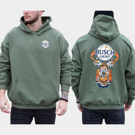 Vintage Busch Light Buck Hunt 2-Sided Hoodie, Men's Beer Drinking Hoodies, Deer Hunting Sweaters, Unisex Drink Tops, Comfort Cotton Casual Menswear, Long Sleeve Pullover