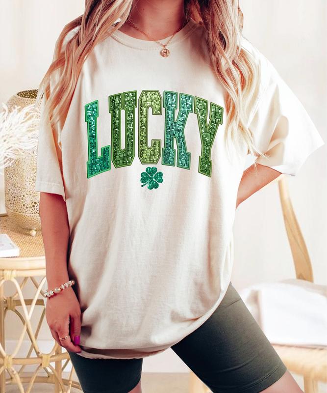 Lucky Faux Sequin St. Patrick's Day Sweatshirt, Varsity Retro Irish Day T-Shirt, Patrick's Day Crewneck, Lucky Shamrock Clothing
