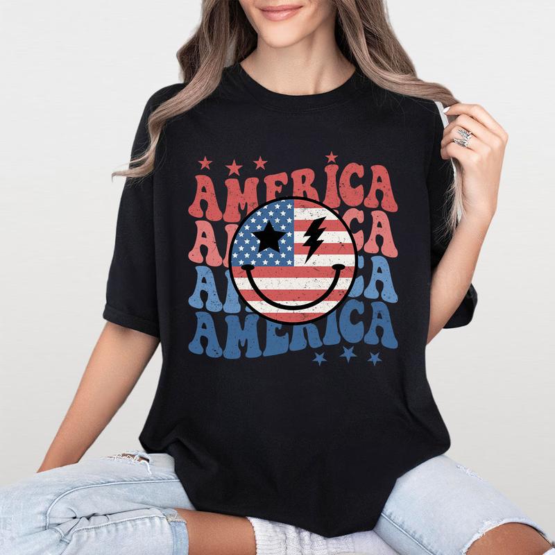 Retro Smiling America Shirt, Patriotic Shirt, 4th Of July Checkered Shirt, America Shirt, Independence Day T Shirt, USA Flag Shirt, Funny 4th of July Gift T-shirt, American Tee, Independence Day Parade Outfits, 4th Of July Women Top