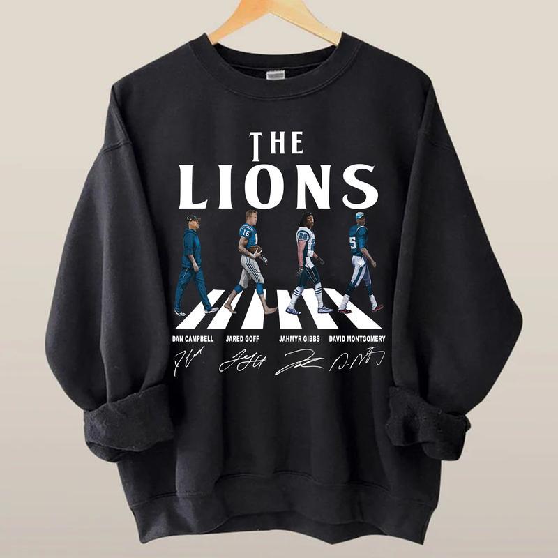 Lions Walking Abbey Road Signatures Football Sweatshirt, Dan Campbell, Jared Goff, Jahmyr Gibbs, David Montgomery, Detroit Vintage Sweatshirt