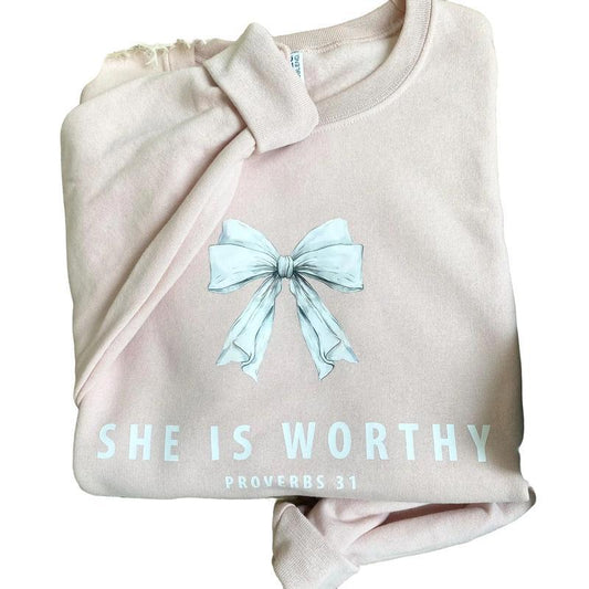 She is Worthy Blush Neon Light Blue Graphic Printed Crewneck Sweatshirt, Christian Religious Jesus Apparel