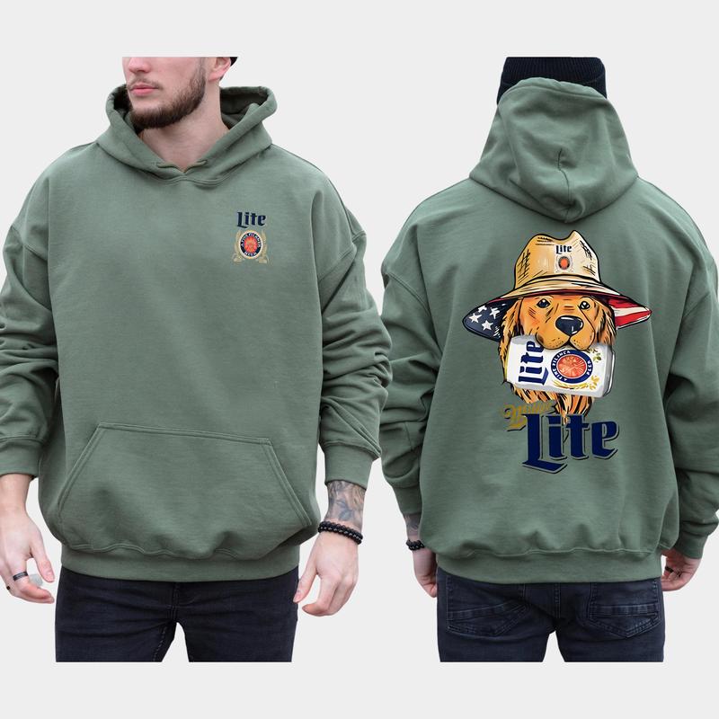 Vintage Miller Lite Golden Dog Hunting 2-Sided Hoodie, Men's Best Friend Dog Hoodies, Beer Drinking Sweaters, Unisex Drink Tops, Comfort Cotton Casual Menswear, Long Sleeve Pullover
