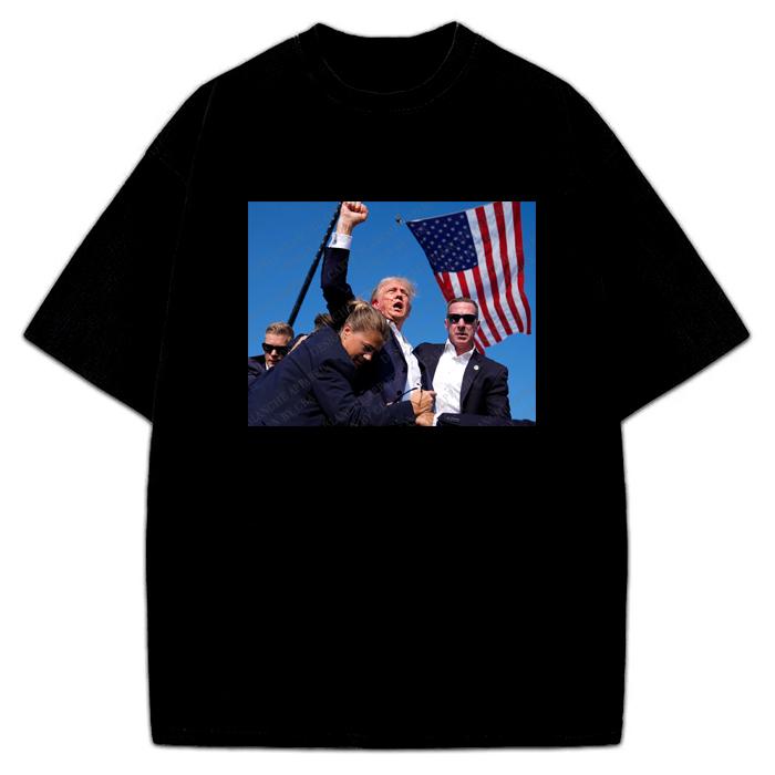 Donald Trump Fist Pump Shots Survivior President 2024 Victory Custom Graphic T-Shirt Crewneck Cotton Streetwear