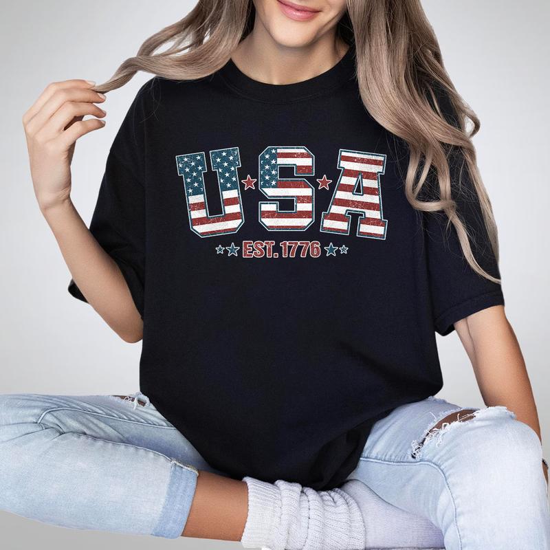 Retro USA Est 1776 Shirt, America T-Shirt, Retro USA T-shirt, 4th of July, 4th of July T-Shirt, Shirt For Women, Gift For Independence Day, Freedom Shirt, Patriotic Shirt, America Flag Tee,Star American Tee, Women Tops