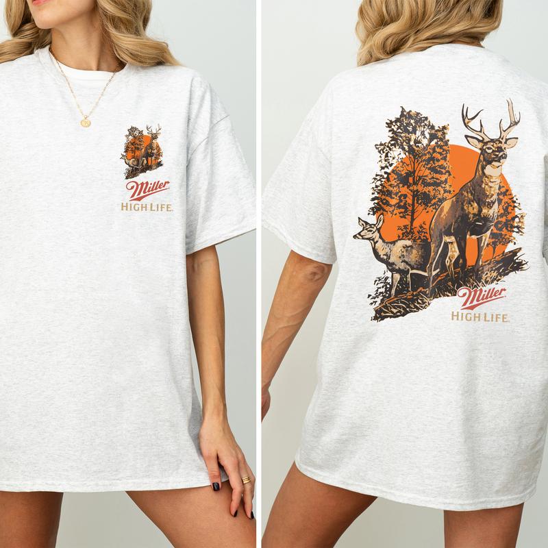 Vintage Miller High Life Deer Hunting 2-Sided Shirt, Men's Buck Hunting T-shirt, Unisex Hunter Tops, Beer Drinking Tshirt, Casual Cotton Womenswear