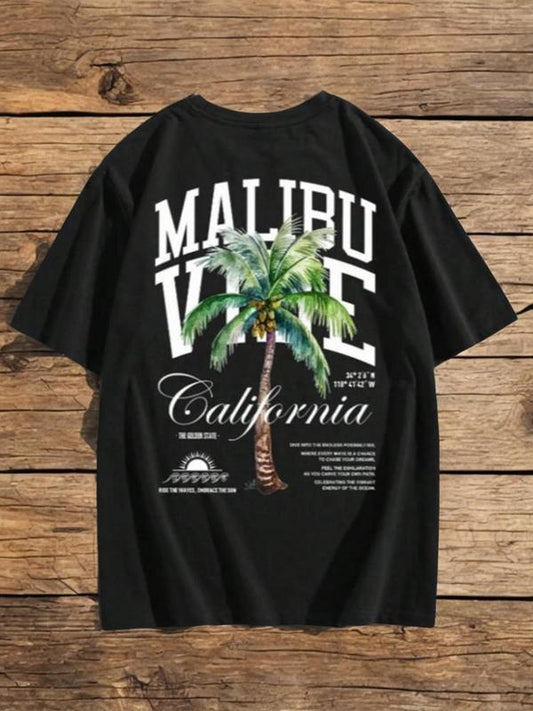 MMen's Coconut Tree & Letter Print Short Sleeve Tee, Regular FitÂ Casual Streetwear Graphic Round Neck T-Shirt, Graphic Tees,Â Men's Summer Graphic Tees Outfits