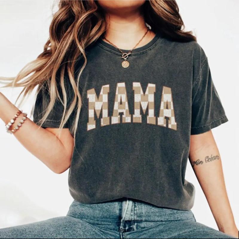 Retro Mama Shirt, Comfort Colors Checkered Mama T-Shirt, Boho Mama Shirt, Cute Mom Shirt, Varsity Letter Mama Shirt, Mothers Day Gift, New Mom Gift, Trendy Crewneck, Mom Gift, Mothers Day Gifts, Mama Women Top Comfortable Casual Fashion Breathable Tshirts